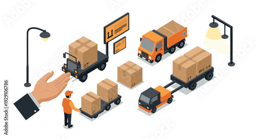 isometric delivery trucks with cardboard boxes and worker hand drawn logistics concept