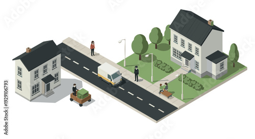 isometric neighborhood street scene with houses trees people and vehicles in flat style