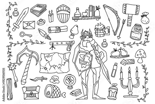 Viking doodle character beard game medieval axe hand history set. Shield sketch warrior art boat concept drawing hat icon illustration knight line object sword.