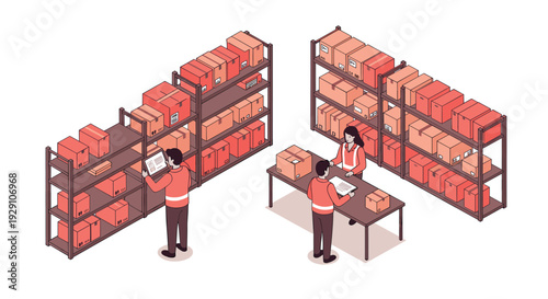 isometric warehouse workers managing inventory with shelves full of boxes flat vector illustration