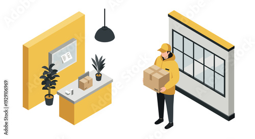 delivery person holding package near counter with plants and modern interior in isometric style