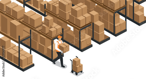 warehouse worker carrying boxes in storage racks isometric vector illustration