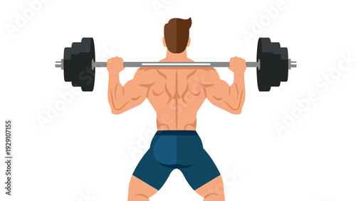 muscular man lifting heavy barbell weight from back view flat illustration