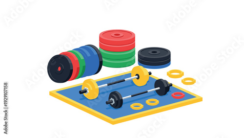 set of colorful weight plates and barbells on a blue mat isometric vector illustration for gym and fitness equipment