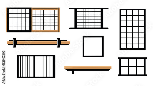 collection of hand drawn traditional Japanese shoji doors and windows in minimalist flat style for architecture design