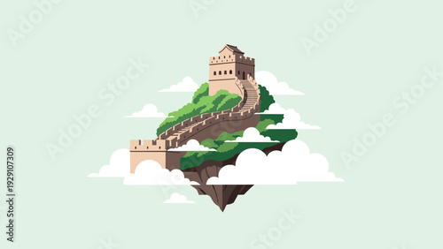 floating great wall of china on island with clouds hand drawn illustration