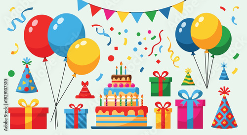 Vibrant flat geometric birthday gathering with large cake banner