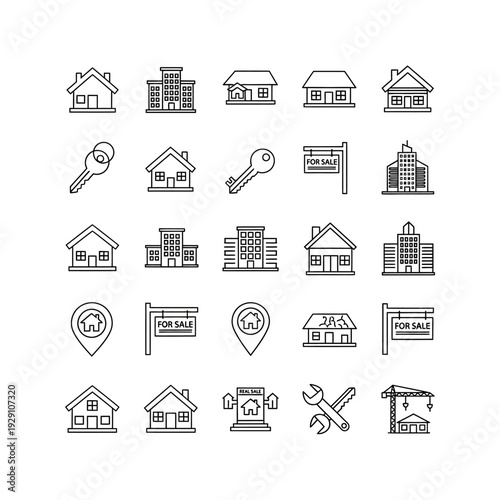 Real Estate and Property Line Icons Set for Web and Mobile Applications.