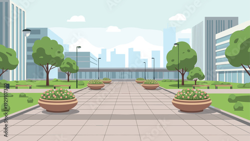 urban park walkway with trees benches and flower pots in a flat style cityscape background