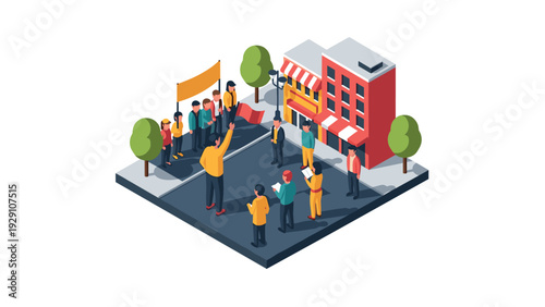 isometric protest scene with crowd holding flags and banner in front of city buildings and trees vector illustration