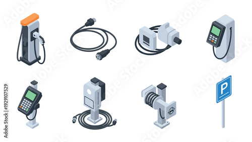 isometric electric vehicle charging station set with cables payment terminals and parking sign in flat style