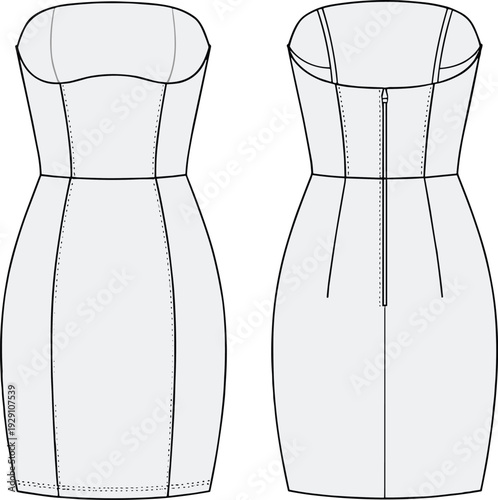 Elegant strapless sweetheart neckline fitted dress technical flat sketch, front and back view fashion illustration with princess seams, zipper closure, garment construction blueprint