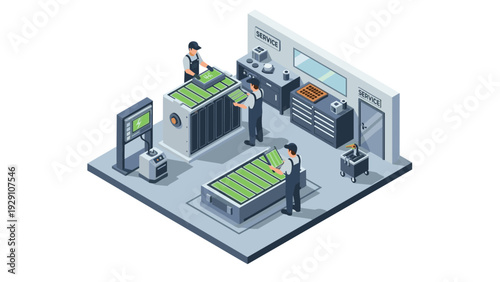 isometric battery manufacturing workers assembling green batteries in a modern factory setting