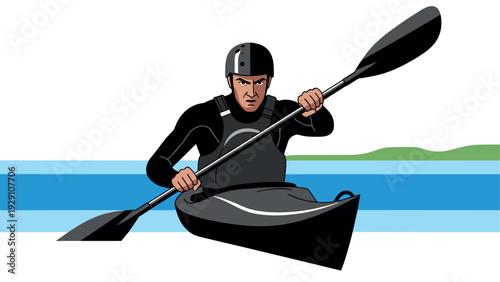 man kayaking with paddle on river side realistic vector illustration