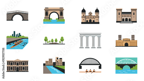 set of colorful hand drawn city landmarks and rowing scenes vector collection