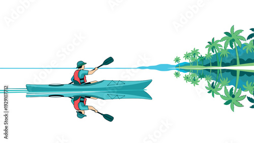 man kayaking on calm water with palm tree reflection hand drawn vector illustration