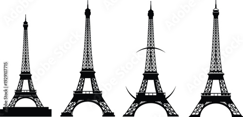 Eiffel Tower Paris Silhouette Set – Black Landmark Vector Icons for France Travel Tourism and European Architecture Design