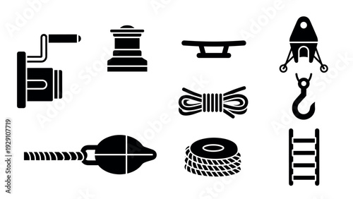 set of black silhouette maritime equipment icons in flat style for boating and sailing