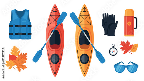 set of kayaking gear with two colorful kayaks paddles life vest gloves compass thermos sunglasses and autumn leaves in flat style