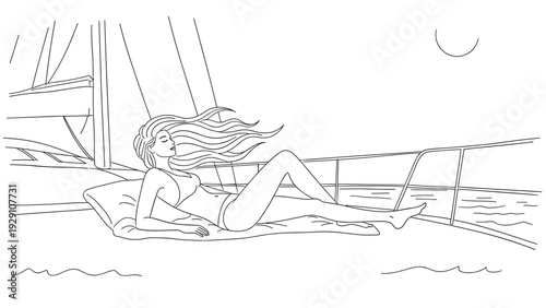 woman relaxing on yacht deck hand drawn line art illustration summer sea leisure
