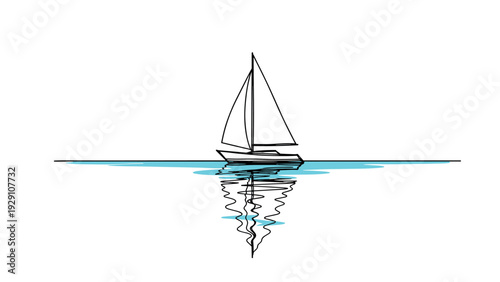 single sailboat on calm water with hand drawn outline and minimal water reflection illustration