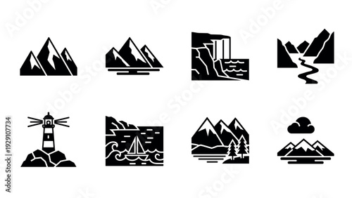 set of black mountain landscape icons hand drawn style with lighthouse waterfall river and sailboat design elements