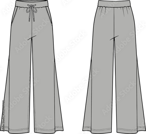 Technical fashion flat sketch of wide-leg pants with drawstring waistband, elastic back, side pockets, seam details, front and back view garment illustration for apparel design