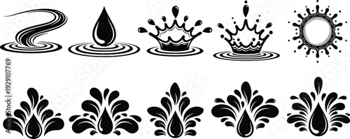 Liquid Splash and Water Drop Silhouette Set – Black Vector Icons of Ripples Crowns and Droplets for Beverage Branding and Skincare Packaging Design