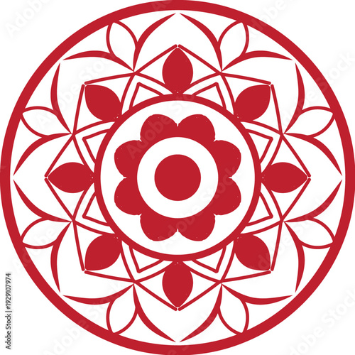 A vibrant red mandala featuring a central floral bloom surrounded by elegant leaf-like patterns and geometric borders. This circular symmetry combines traditional folk art aesthetics with a clean, mod