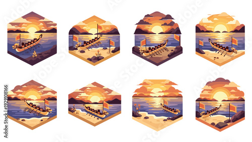 dragon boat rowing at sunset set of eight hand drawn hexagonal illustrations with scenic waterfront landscape