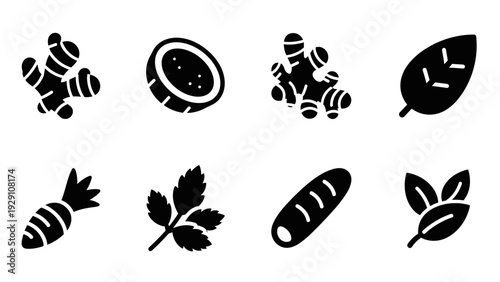 set of black ginger root cucumber carrot parsley bread and leaves icons hand drawn style