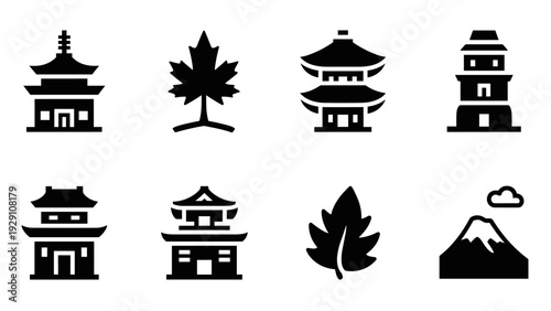 collection of black silhouette Japanese temples leaves and mountain icons in simple vector style