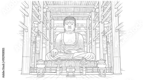large hand drawn line art statue of seated buddha inside temple with traditional architectural details