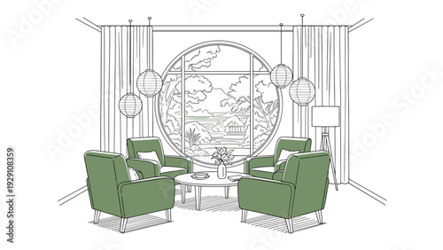 modern living room interior with green armchairs and round window hand drawn line art illustration