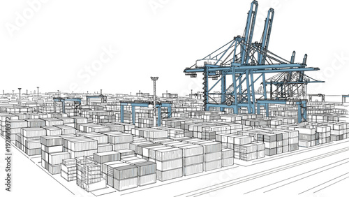 large container port with cargo cranes and shipping containers hand drawn industrial illustration