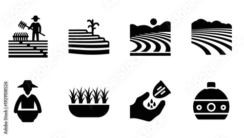 set of black silhouette farm and agriculture icons including farmer field crops planting and irrigation in simple style