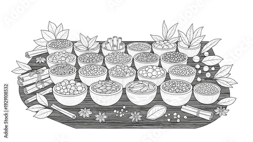 collection of various spices in bowls and bundles on wooden surface hand drawn line art illustration