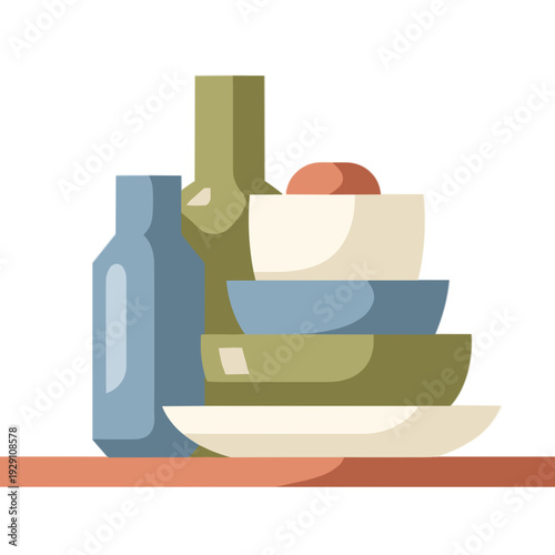 Stack of colorful bowls and bottles on a wooden shelf  