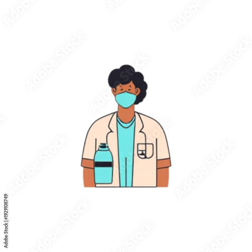 Illustration of a person wearing a protective face mask and holding a hand sanitizer bottle, symbolizing health safety, hygiene, and essential virus prevention measures