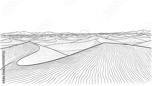 desert landscape with sand dunes and mountains hand drawn black and white line art