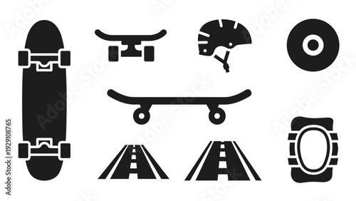skateboard and safety gear icon set in black silhouette style with wheels, helmet, and road elements