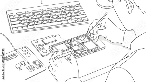 person repairing smartphone circuit board with tools in hand drawn line art style