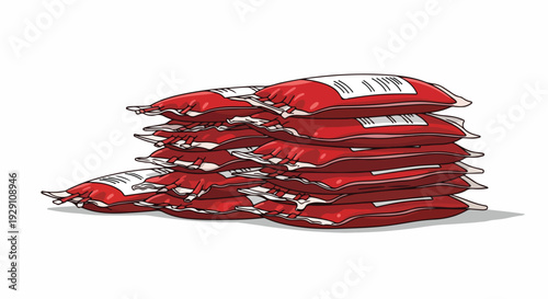 Stack of red coffee bags with white labels on a plain white background, product photography with neutral mood.