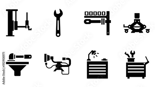 set of hand drawn mechanic workshop tool icons including wrench clamp jack grinder spray and toolbox