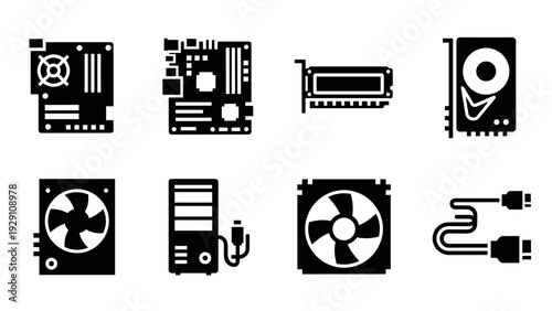 set of black computer hardware icons including motherboard ram graphics card fan and cables in silhouette style