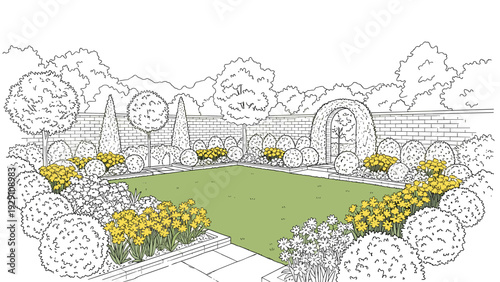 garden landscape with manicured bushes hand drawn illustration with yellow flowers and stone path