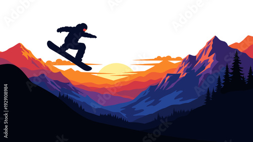 snowboarder jumping in the air on mountain background at sunset vector illustration