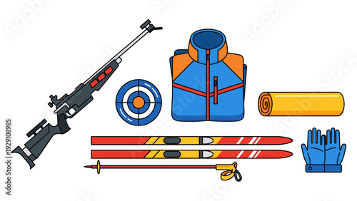biathlon sporting equipment set with rifle skis gloves vest target and mat in hand drawn style