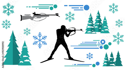 biathlon skier aiming rifle in winter forest with snowflake flat vector illustration