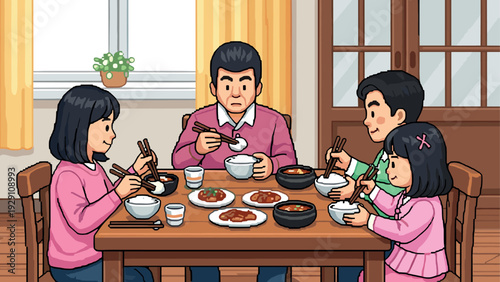 asian family having dinner together at home hand drawn cartoon illustration